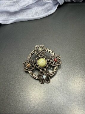 Vintage Celtic Knot Brooch with Multicolor Stones #21cel
